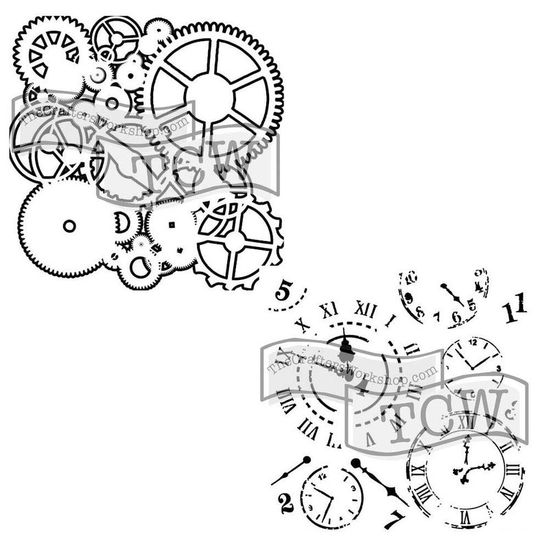 The Crafter's Workshop The Crafterâ€™s Workshop - Reusable Mechanical Stencil for Painting and Crafts â€“ Time and Gear Motif for Journaling and Canvas â€“ 2 Pk, 6" x 6" â€“ Gears/Time Travel 6x6 - Image 1